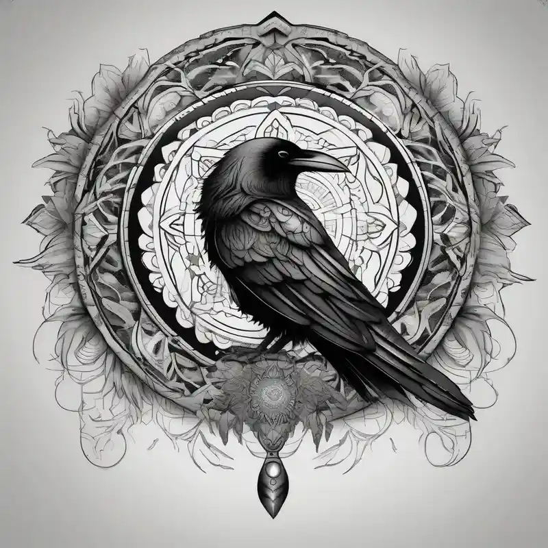 left arm tattoo of a raven mandala on a branch surrounded by mandala fishing tattoos – Blanco y negro, Colores vivos